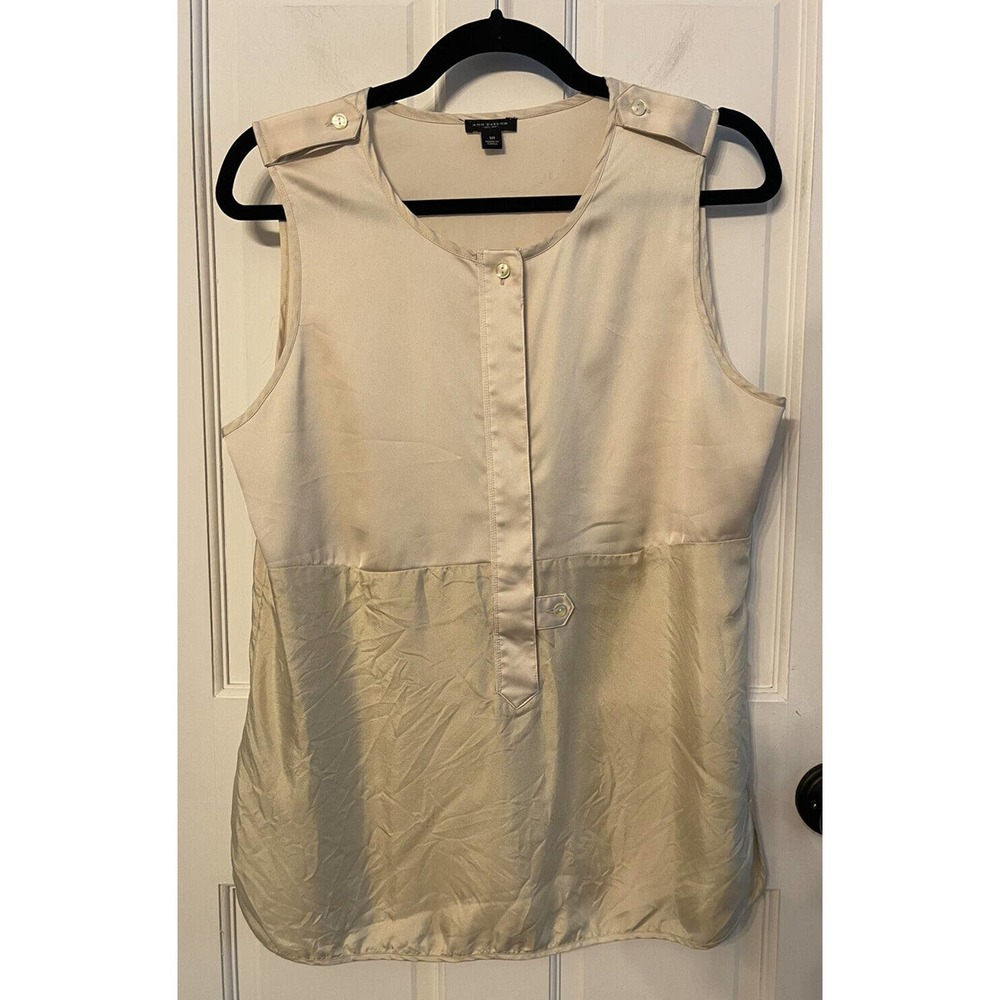 ANN TAYLOR Women Silk Sleeveless Blouse Tunic Button Front Beige Size 10